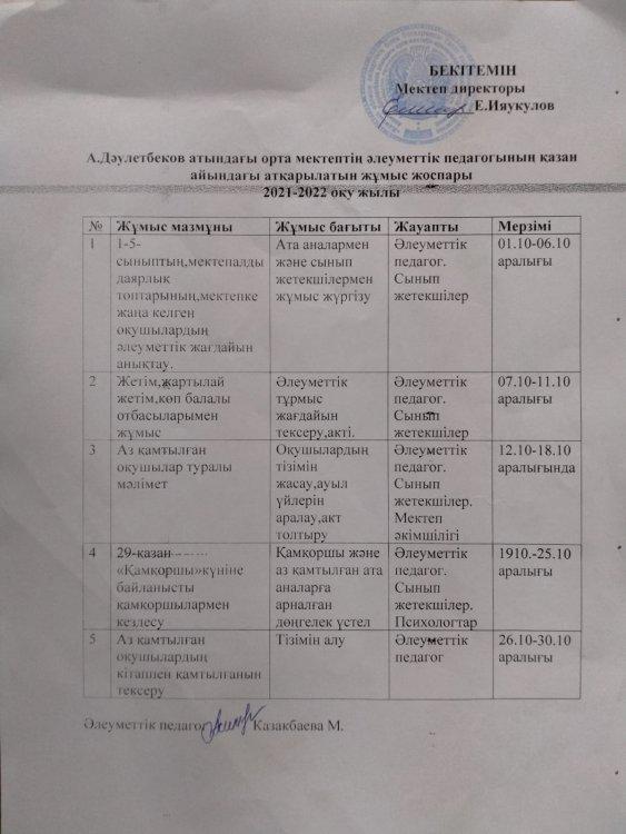 Әлеуметтік педагогтың айлық жоспары