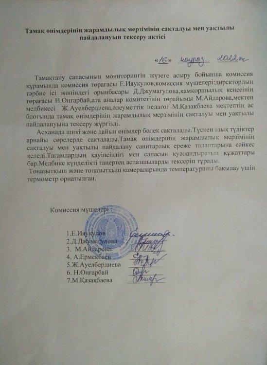 Тамақ өнімдерінің жарамдылық мерзімінің сақталу мен уақытылы пайдалануын тексеру актісі